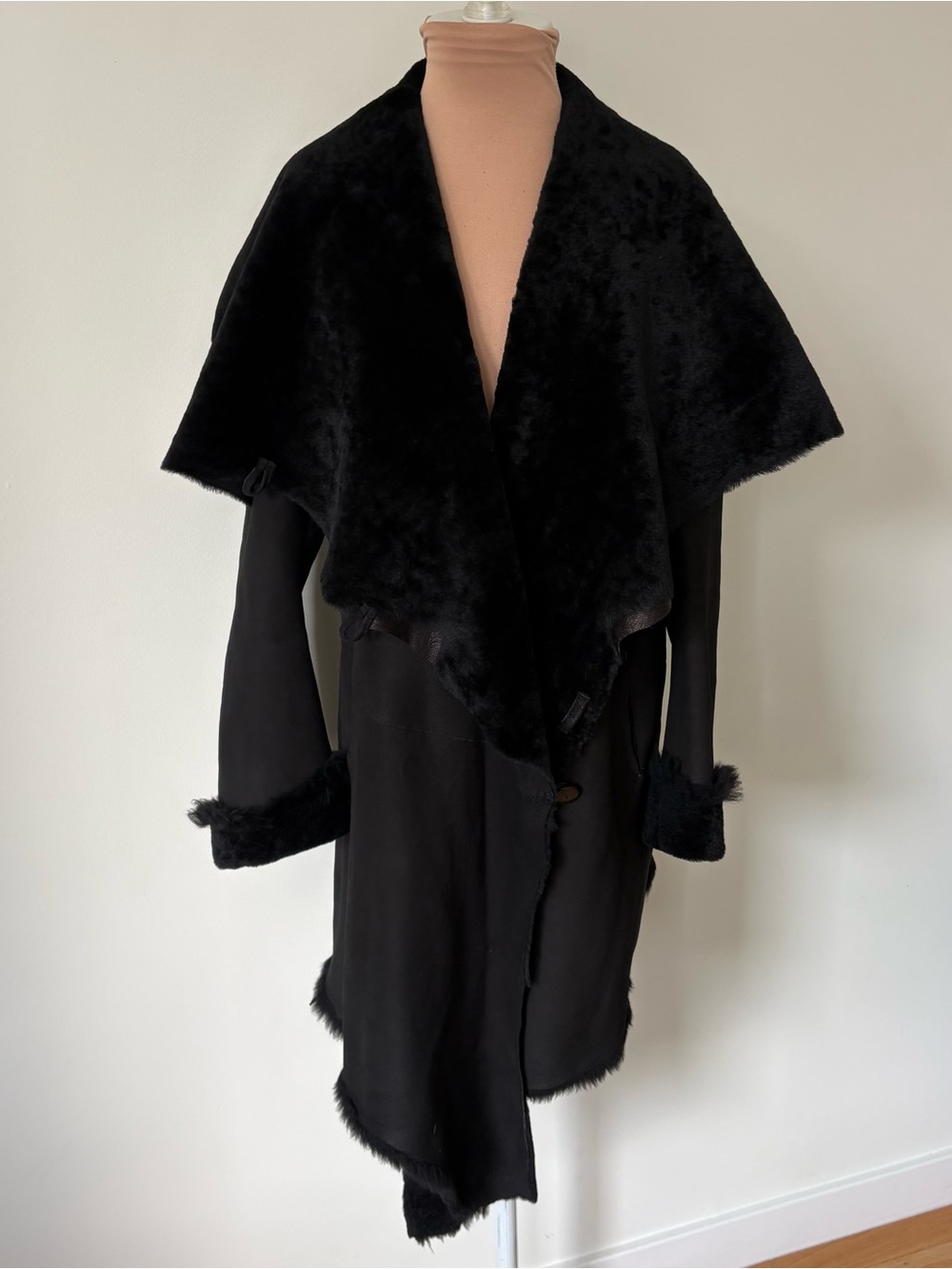 Nigel Preston & Knight Shearling Lambskin Black Fur Trim Lined Cyber Coat Size S
